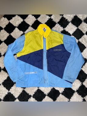 Vintage 1960’s Risa Water Repellent Blue Yellow Geometric Windbreaker Distressed
